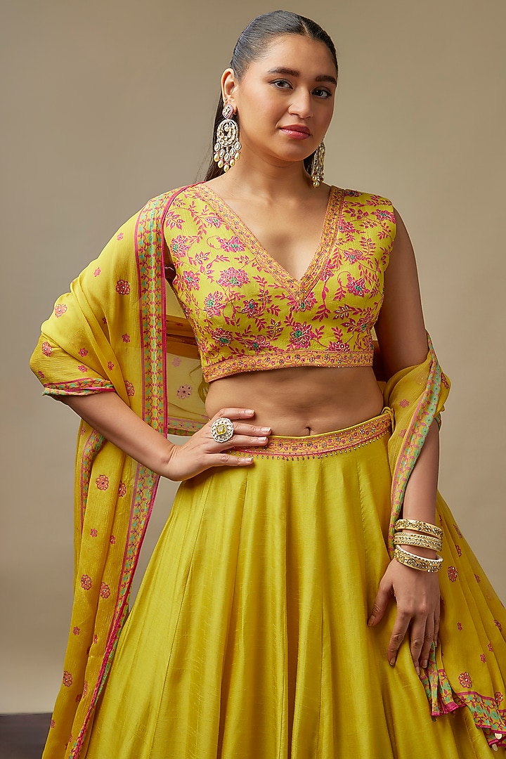 Marigold Yellow Raw Silk Printed & Embroidered Wedding Lehenga Set by Vidhi By A La Mode at Pernia's Pop Up Shop