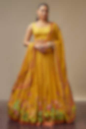 Sunny Yellow Raw Silk Printed & Embroidered Wedding Lehenga Set by Vidhi By A La Mode at Pernia's Pop Up Shop