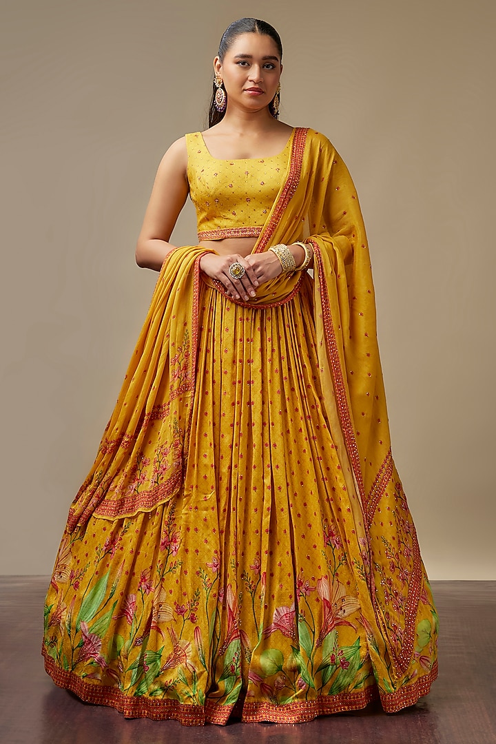 Sunny Yellow Raw Silk Printed & Embroidered Wedding Lehenga Set by Vidhi By A La Mode at Pernia's Pop Up Shop