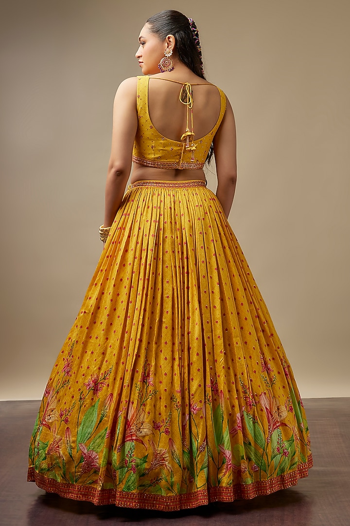 Sunny Yellow Raw Silk Printed & Embroidered Wedding Lehenga Set by Vidhi By A La Mode at Pernia's Pop Up Shop