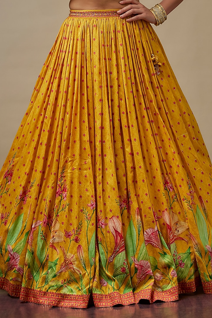 Sunny Yellow Raw Silk Printed & Embroidered Wedding Lehenga Set by Vidhi By A La Mode at Pernia's Pop Up Shop