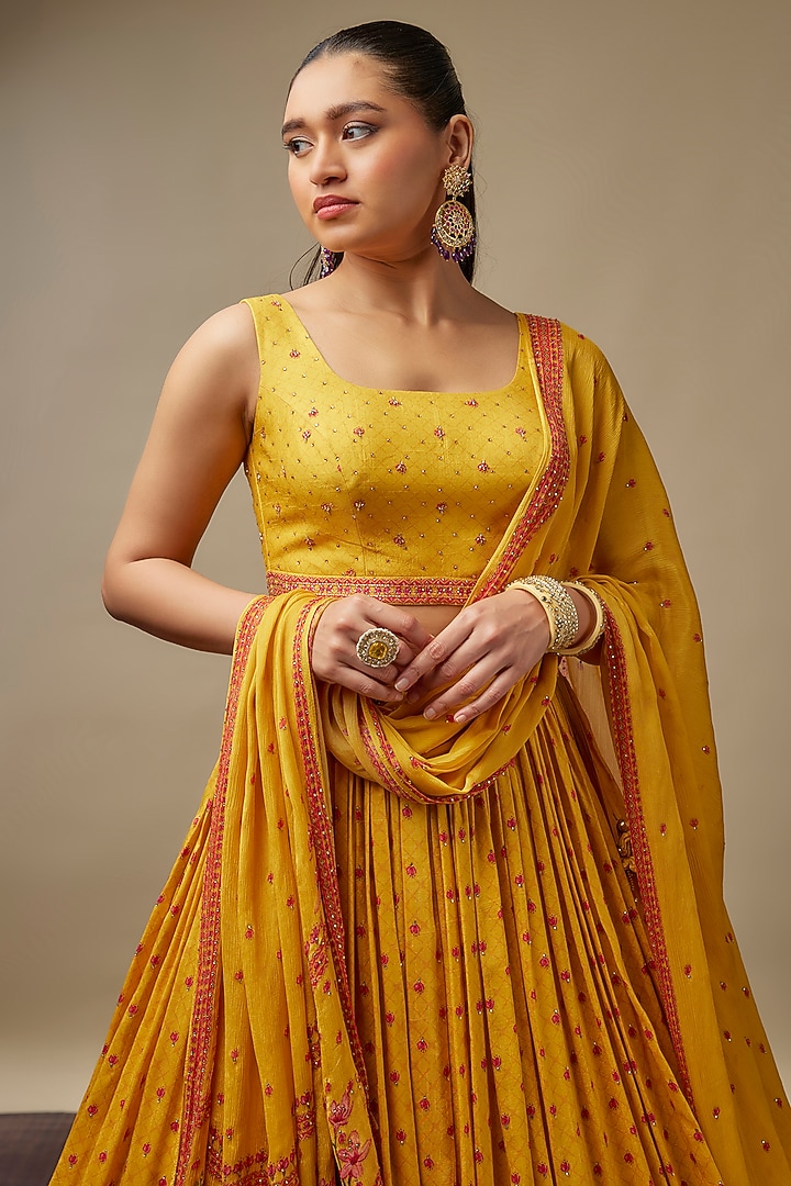Sunny Yellow Raw Silk Printed & Embroidered Wedding Lehenga Set by Vidhi By A La Mode at Pernia's Pop Up Shop
