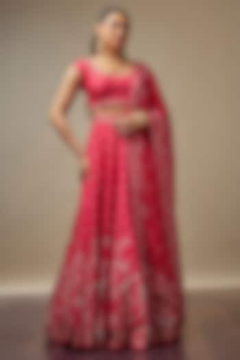 Ruby Red Raw Silk Printed & Embroidered Wedding Lehenga Set by Vidhi By A La Mode at Pernia's Pop Up Shop