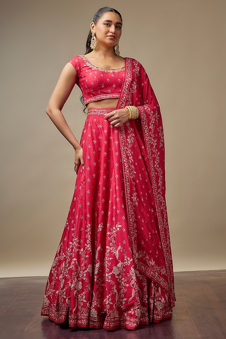 Ruby Red Raw Silk Printed & Embroidered Wedding Lehenga Set by Vidhi By A La Mode at Pernia's Pop Up Shop