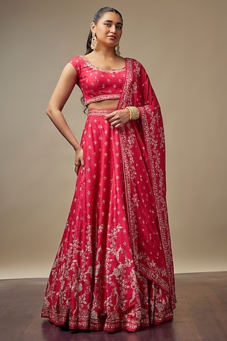Ruby Red Raw Silk Printed & Embroidered Lehenga Set by Vidhi By A La Mode