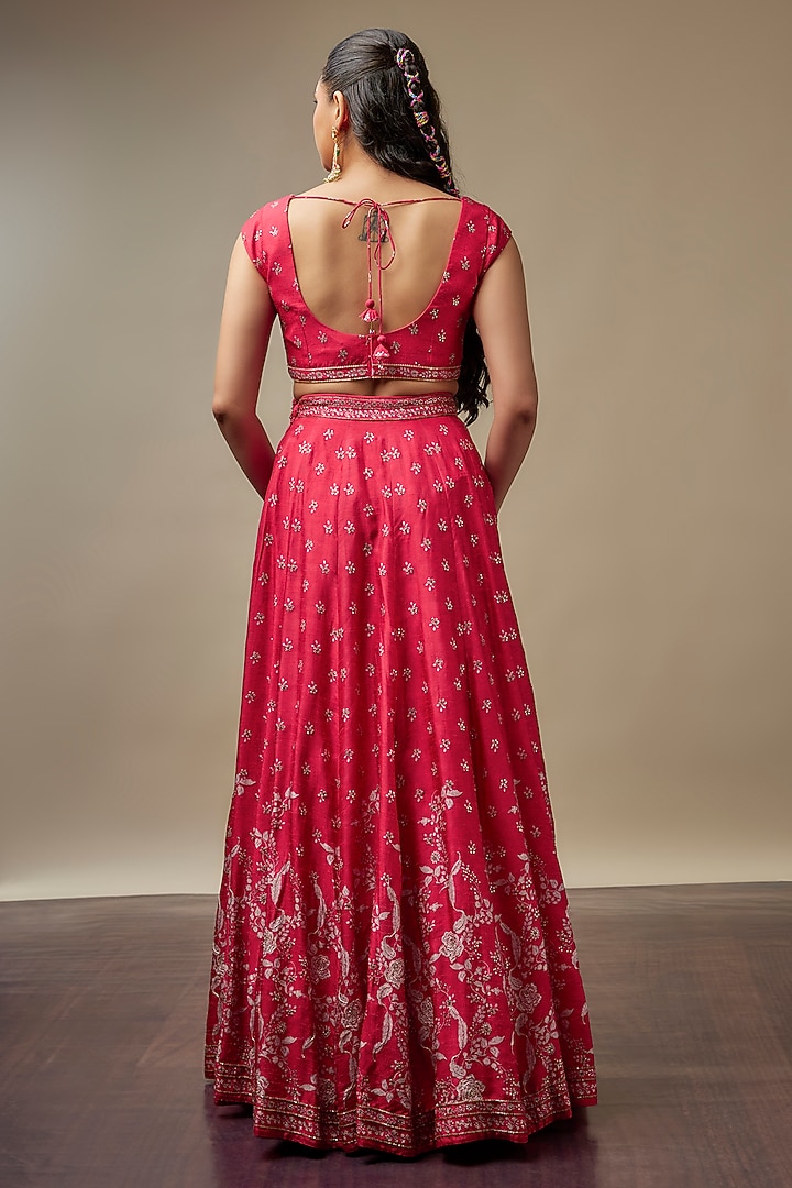 Ruby Red Raw Silk Printed & Embroidered Wedding Lehenga Set by Vidhi By A La Mode at Pernia's Pop Up Shop