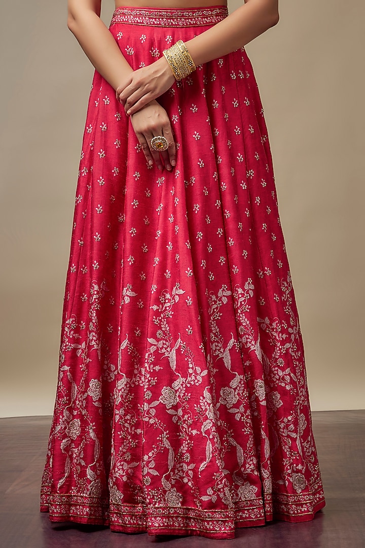Ruby Red Raw Silk Printed & Embroidered Wedding Lehenga Set by Vidhi By A La Mode at Pernia's Pop Up Shop