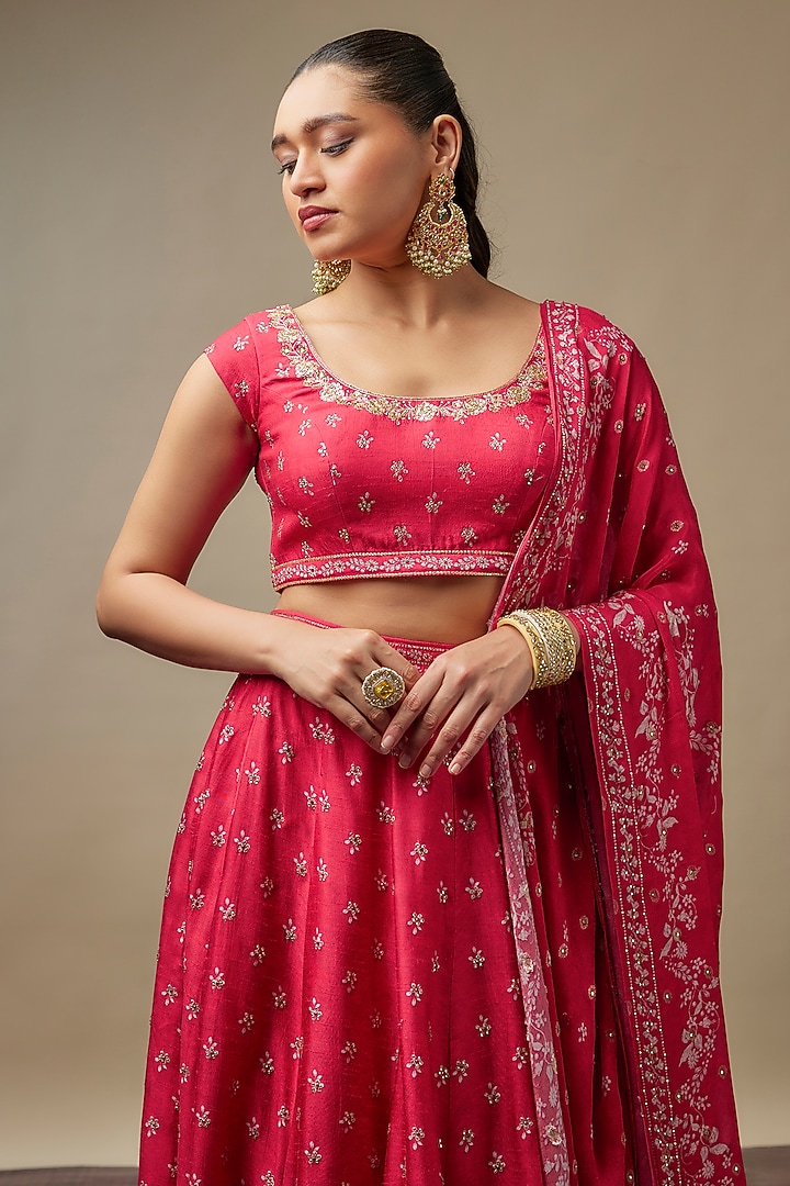 Ruby Red Raw Silk Printed & Embroidered Wedding Lehenga Set by Vidhi By A La Mode at Pernia's Pop Up Shop