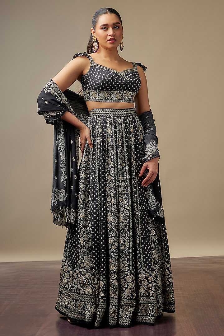 Black Raw Silk Printed & Embroidered Wedding Lehenga Set by Vidhi By A La Mode at Pernia's Pop Up Shop