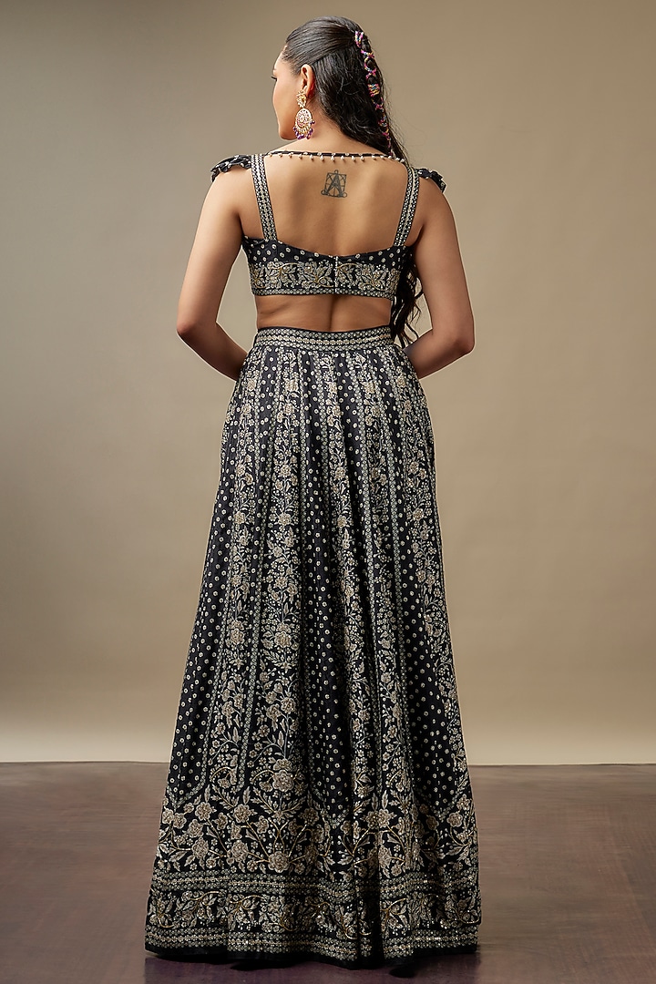 Black Raw Silk Printed & Embroidered Wedding Lehenga Set by Vidhi By A La Mode at Pernia's Pop Up Shop