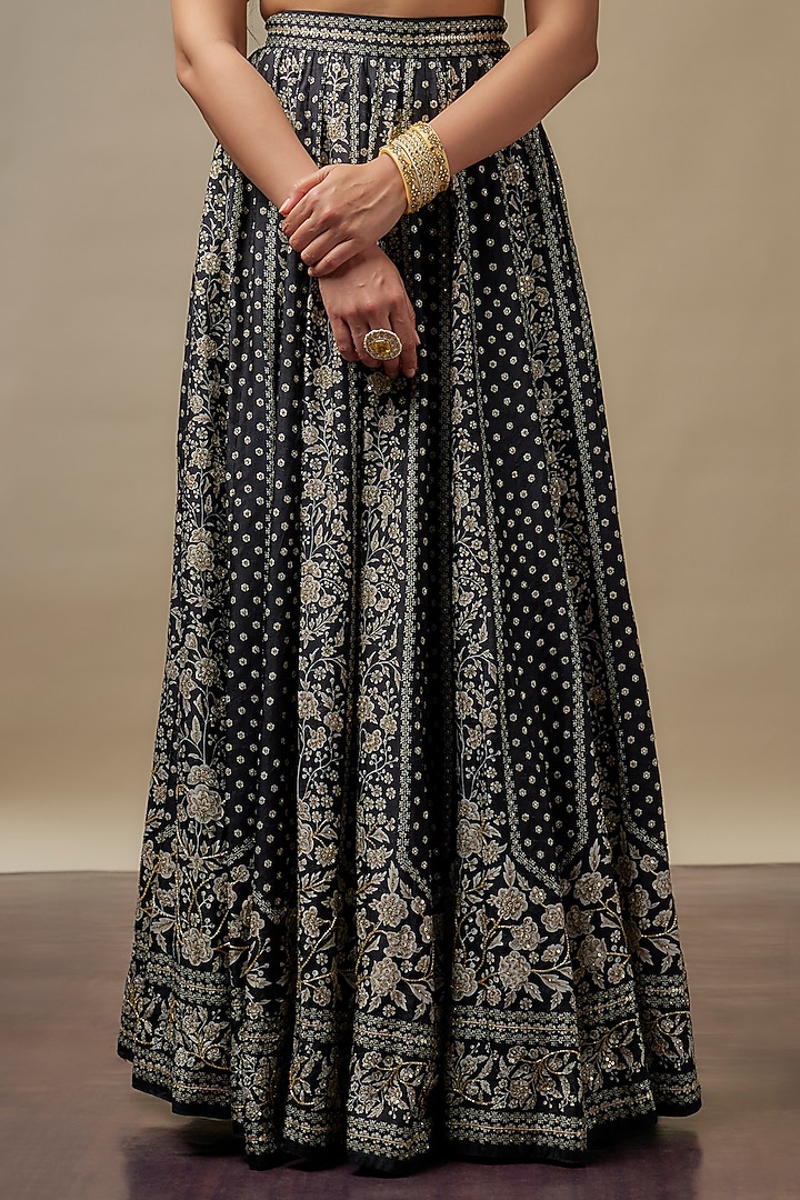 Black Raw Silk Printed & Embroidered Wedding Lehenga Set by Vidhi By A La Mode at Pernia's Pop Up Shop