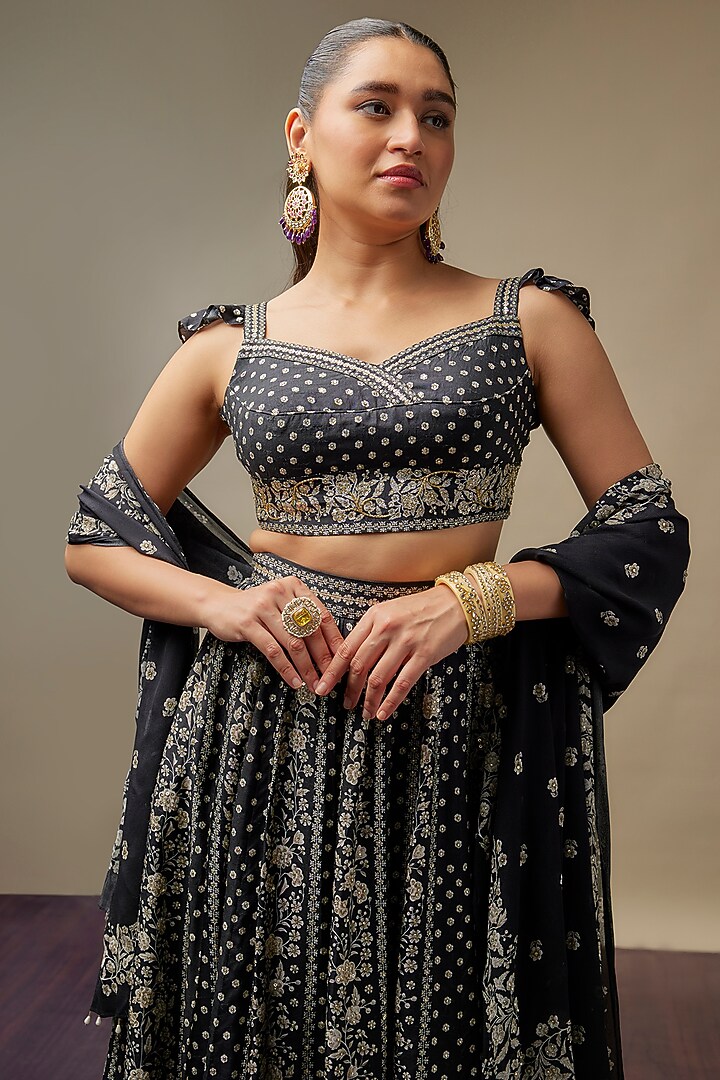 Black Raw Silk Printed & Embroidered Wedding Lehenga Set by Vidhi By A La Mode at Pernia's Pop Up Shop