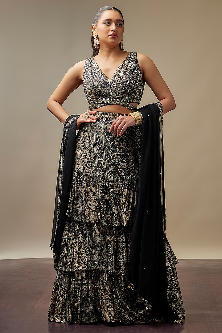 Black Raw Silk Printed & Embroidered Wedding Lehenga Set by Vidhi By A La Mode at Pernia's Pop Up Shop