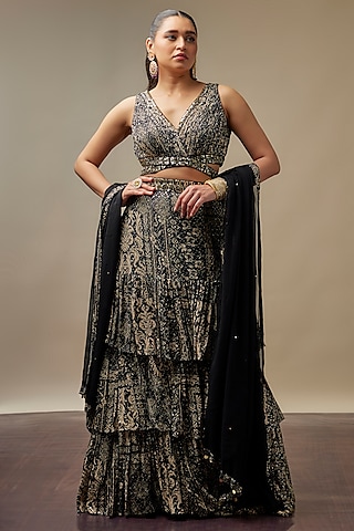 Black Raw Silk Printed & Embroidered Lehenga Set by Vidhi By A La Mode