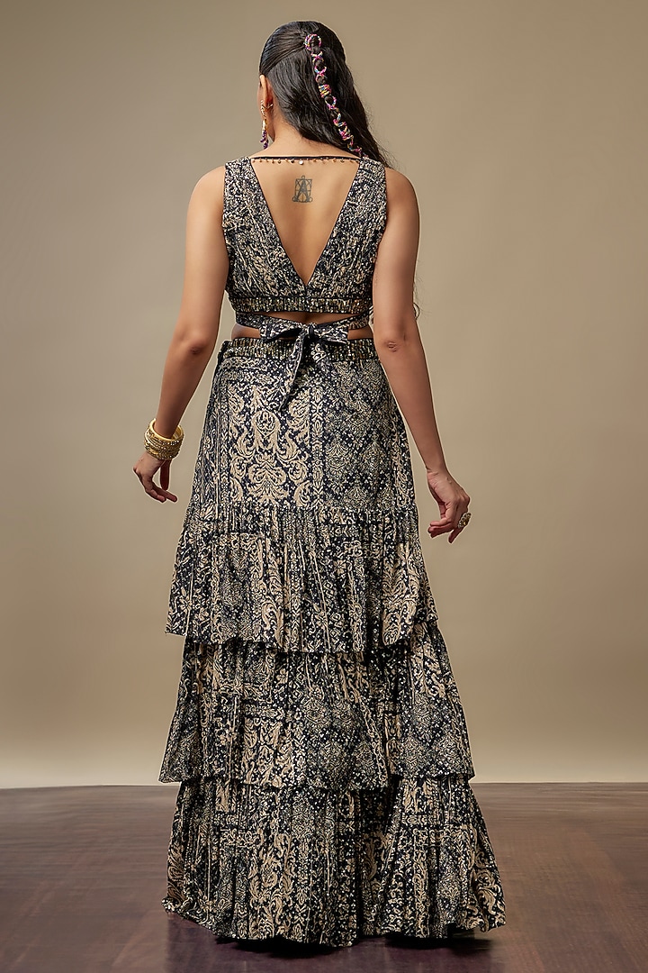 Black Raw Silk Printed & Embroidered Wedding Lehenga Set by Vidhi By A La Mode at Pernia's Pop Up Shop