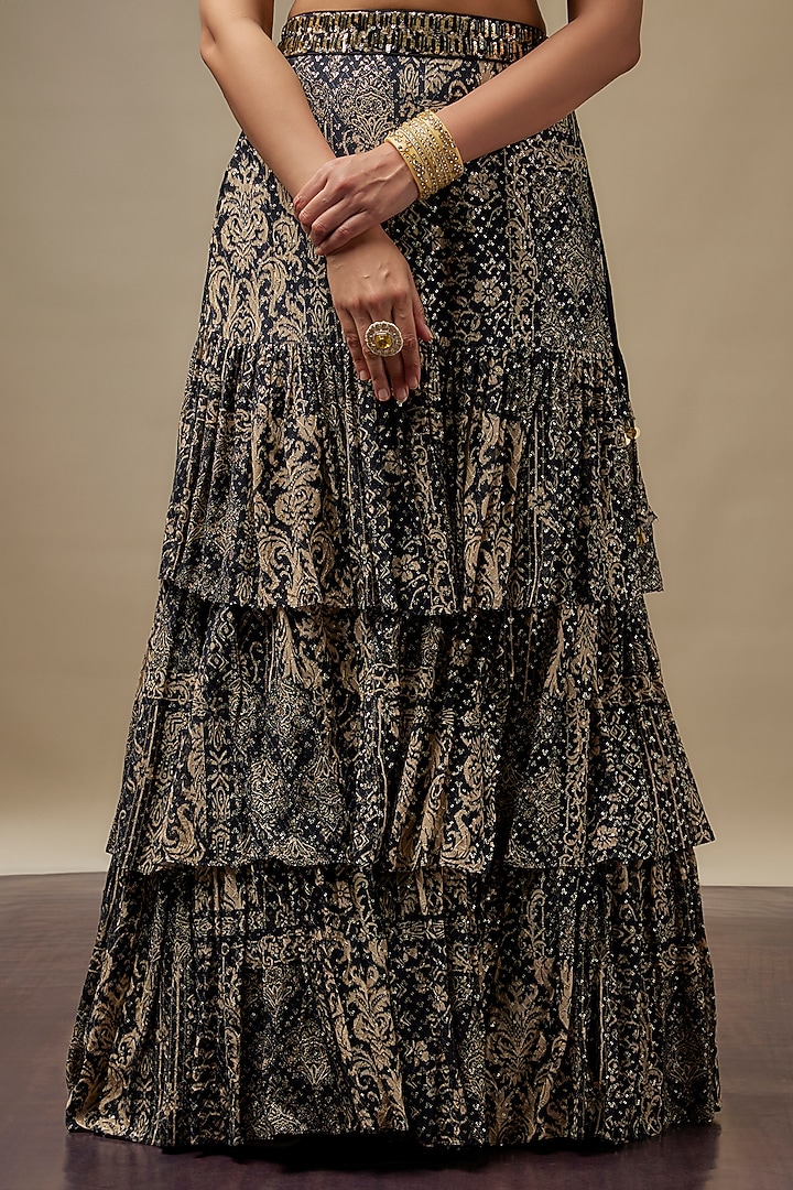 Black Raw Silk Printed & Embroidered Wedding Lehenga Set by Vidhi By A La Mode at Pernia's Pop Up Shop