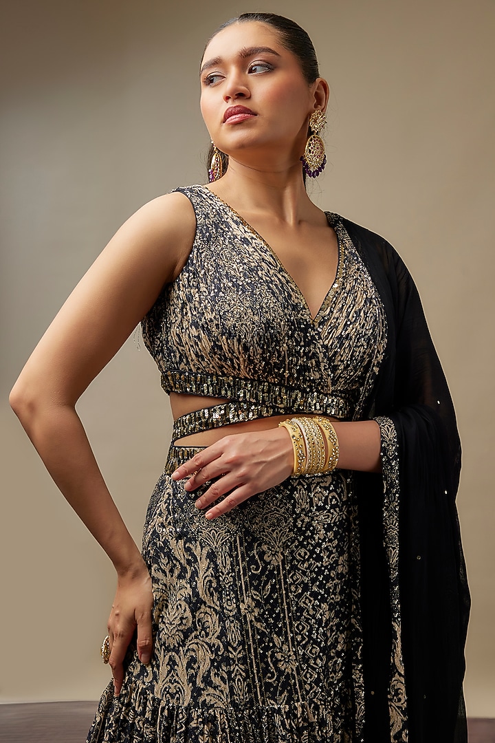 Black Raw Silk Printed & Embroidered Wedding Lehenga Set by Vidhi By A La Mode at Pernia's Pop Up Shop