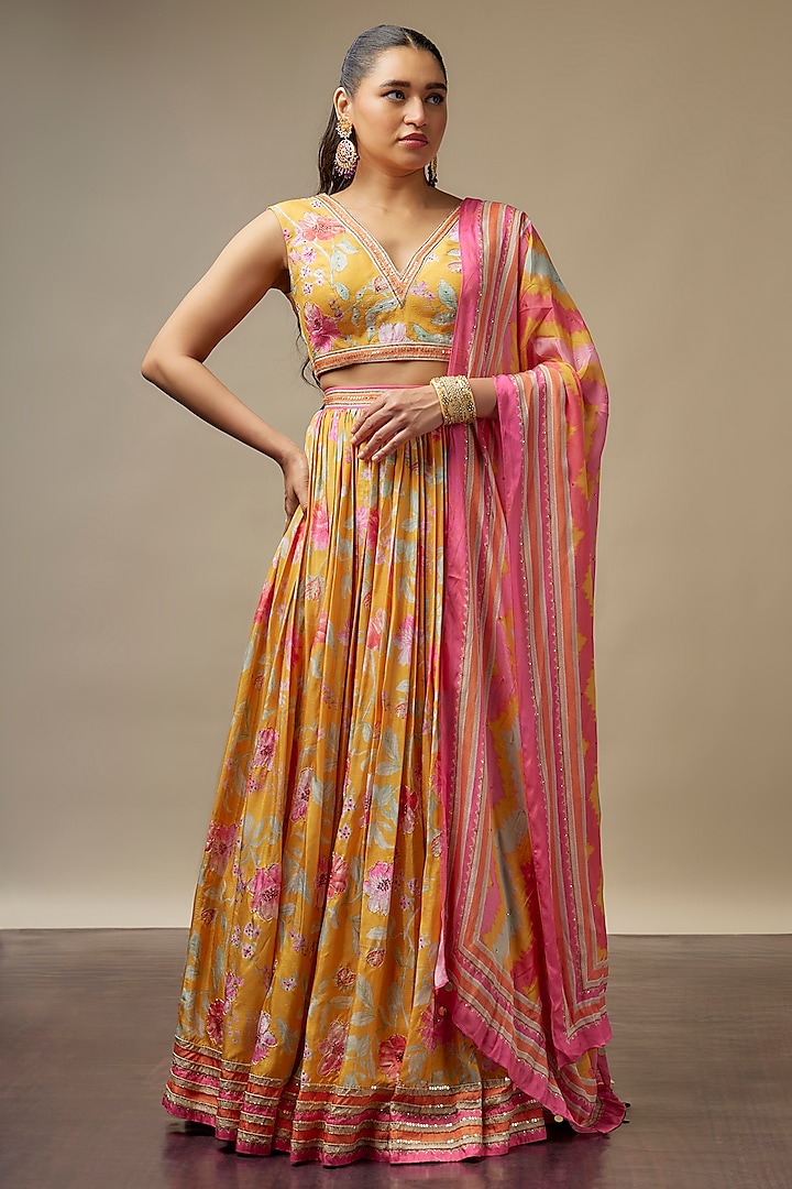 Sunshine Yellow Raw Silk Printed & Embroidered Wedding Lehenga Set by Vidhi By A La Mode at Pernia's Pop Up Shop