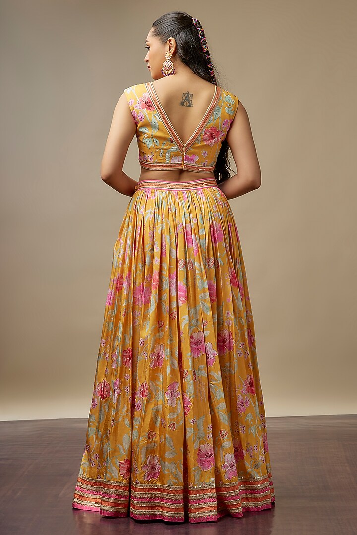 Sunshine Yellow Raw Silk Printed & Embroidered Wedding Lehenga Set by Vidhi By A La Mode at Pernia's Pop Up Shop