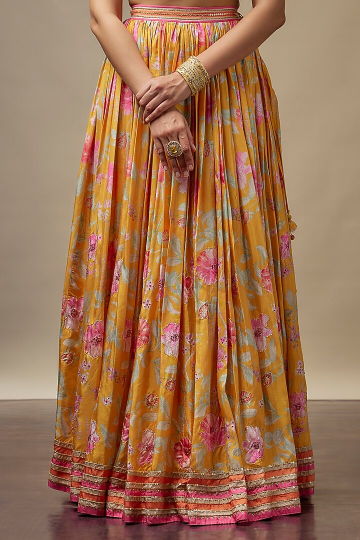Sunshine Yellow Raw Silk Printed & Embroidered Wedding Lehenga Set by Vidhi By A La Mode at Pernia's Pop Up Shop