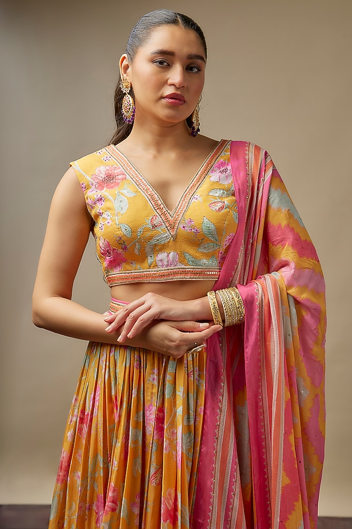 Sunshine Yellow Raw Silk Printed & Embroidered Wedding Lehenga Set by Vidhi By A La Mode at Pernia's Pop Up Shop