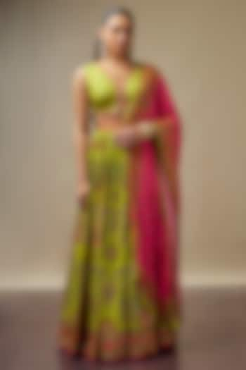 Chartreuse Green Raw Silk Printed & Embroidered Wedding Lehenga Set by Vidhi By A La Mode at Pernia's Pop Up Shop