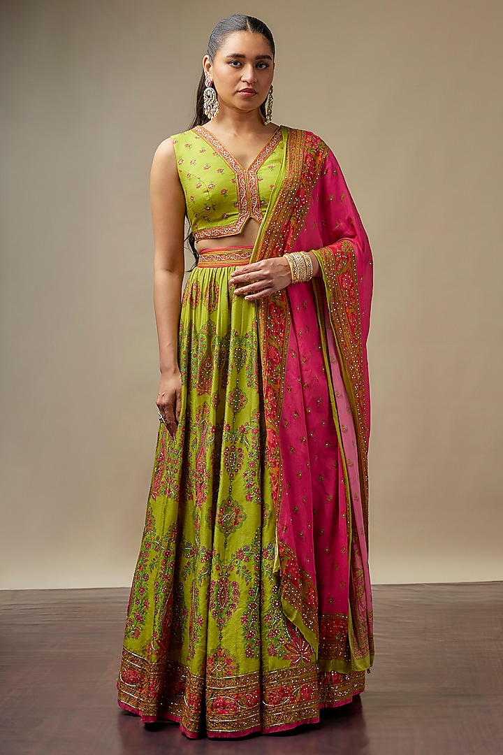 Chartreuse Green Raw Silk Printed & Embroidered Wedding Lehenga Set by Vidhi By A La Mode at Pernia's Pop Up Shop