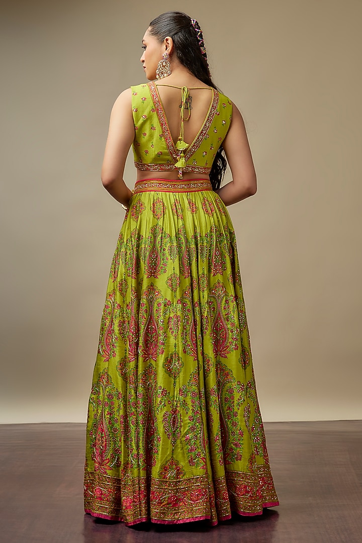 Chartreuse Green Raw Silk Printed & Embroidered Wedding Lehenga Set by Vidhi By A La Mode at Pernia's Pop Up Shop