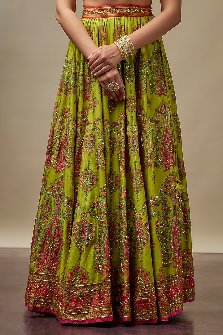 Chartreuse Green Raw Silk Printed & Embroidered Wedding Lehenga Set by Vidhi By A La Mode at Pernia's Pop Up Shop