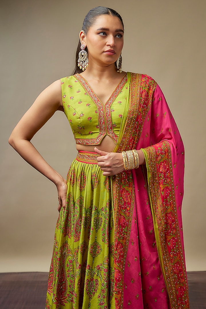 Chartreuse Green Raw Silk Printed & Embroidered Wedding Lehenga Set by Vidhi By A La Mode at Pernia's Pop Up Shop