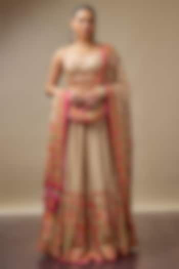 Beige Raw Silk Printed & Embroidered Wedding Lehenga Set by Vidhi By A La Mode at Pernia's Pop Up Shop