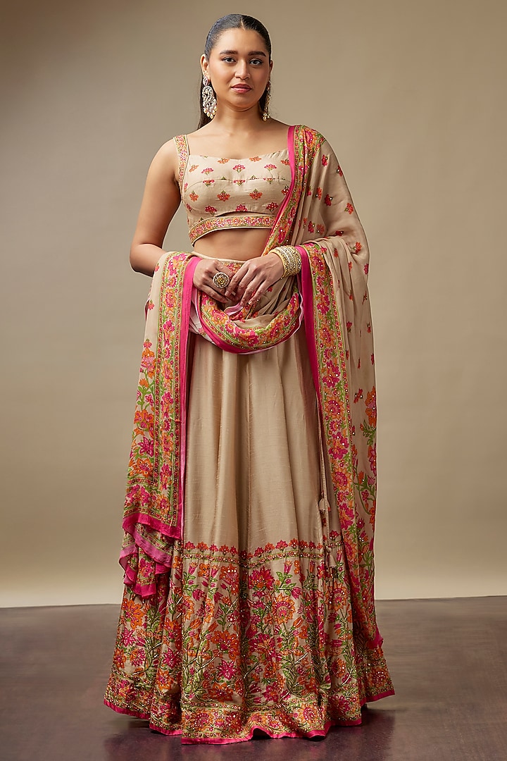 Beige Raw Silk Printed & Embroidered Wedding Lehenga Set by Vidhi By A La Mode at Pernia's Pop Up Shop