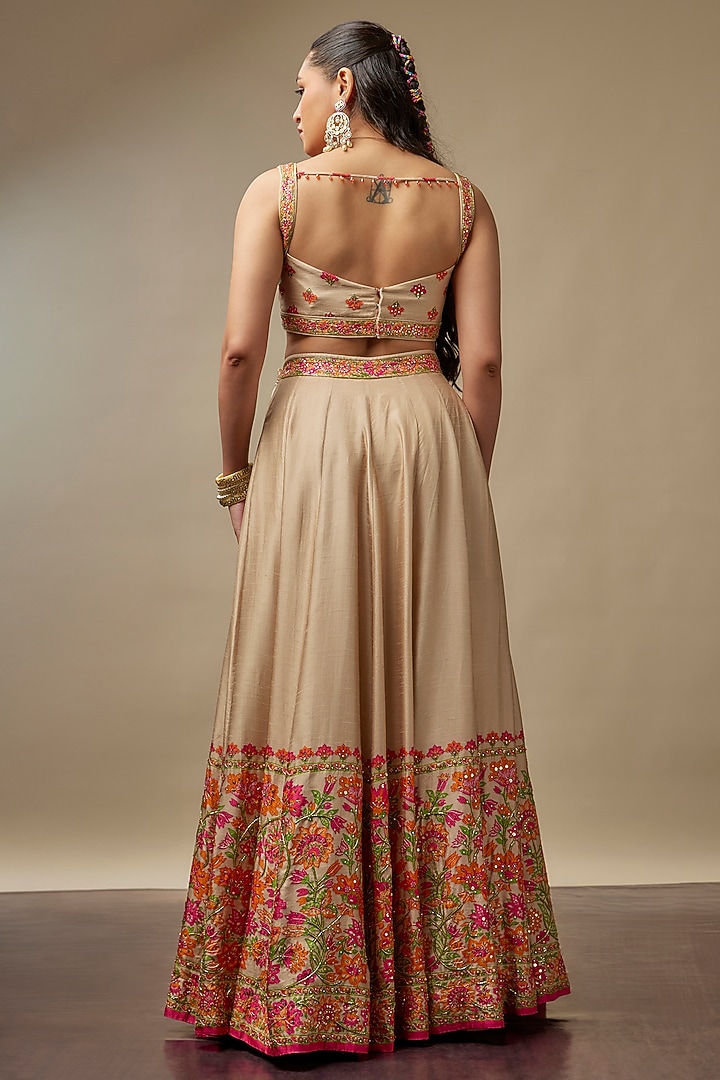 Beige Raw Silk Printed & Embroidered Wedding Lehenga Set by Vidhi By A La Mode at Pernia's Pop Up Shop