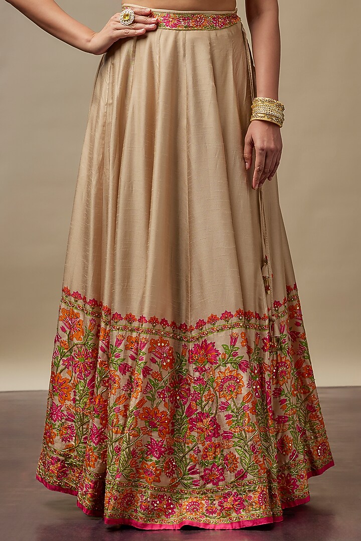 Beige Raw Silk Printed & Embroidered Wedding Lehenga Set by Vidhi By A La Mode at Pernia's Pop Up Shop