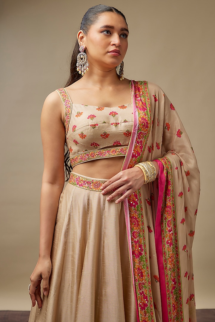 Beige Raw Silk Printed & Embroidered Wedding Lehenga Set by Vidhi By A La Mode at Pernia's Pop Up Shop