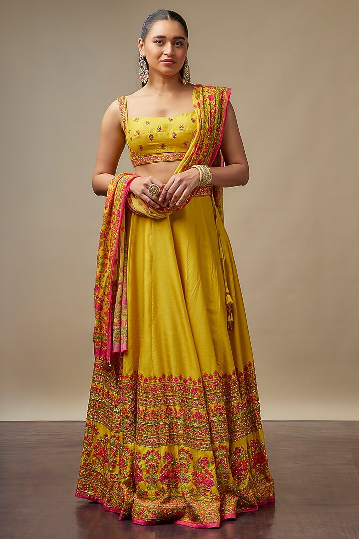 Mustard Yellow Raw Silk Printed & Embroidered Wedding Lehenga Set by Vidhi By A La Mode at Pernia's Pop Up Shop