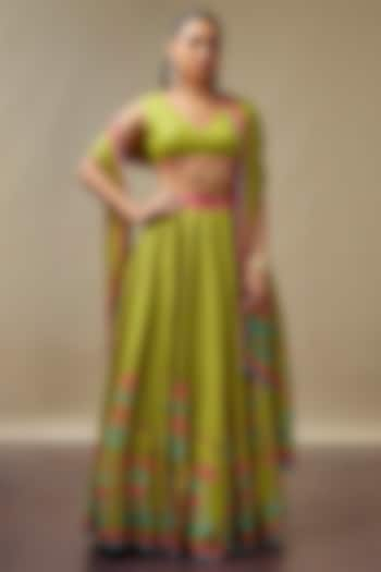 Chartreuse Green Raw Silk Printed & Embroidered Wedding Lehenga Set by Vidhi By A La Mode at Pernia's Pop Up Shop