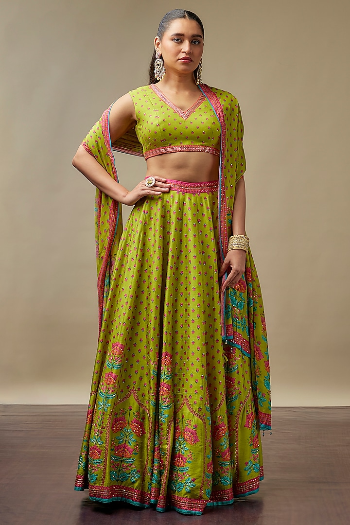 Chartreuse Green Raw Silk Printed & Embroidered Wedding Lehenga Set by Vidhi By A La Mode at Pernia's Pop Up Shop