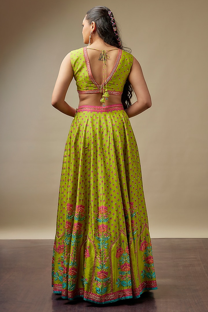Chartreuse Green Raw Silk Printed & Embroidered Wedding Lehenga Set by Vidhi By A La Mode at Pernia's Pop Up Shop
