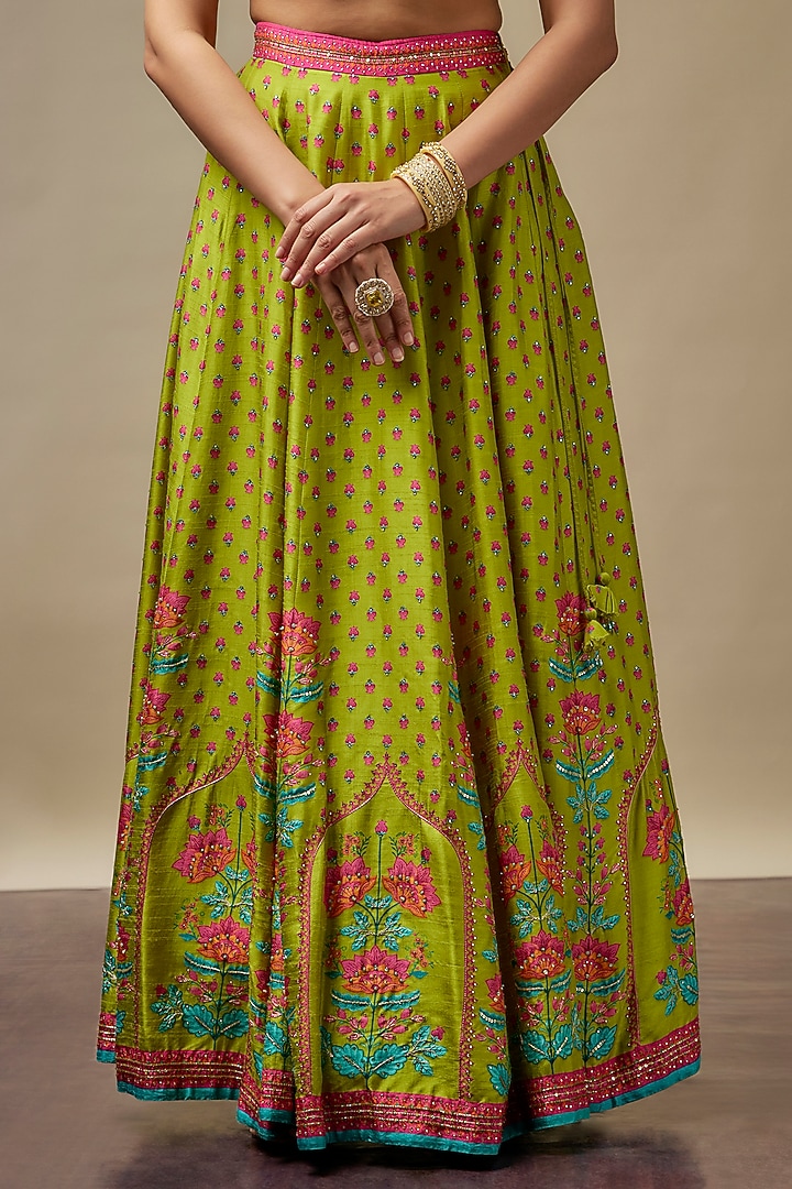 Chartreuse Green Raw Silk Printed & Embroidered Wedding Lehenga Set by Vidhi By A La Mode at Pernia's Pop Up Shop