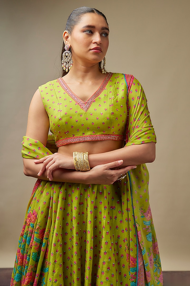Chartreuse Green Raw Silk Printed & Embroidered Wedding Lehenga Set by Vidhi By A La Mode at Pernia's Pop Up Shop
