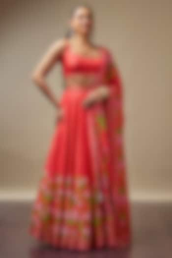 Tomato Red Raw Silk Printed & Embroidered Wedding Lehenga Set by Vidhi By A La Mode at Pernia's Pop Up Shop