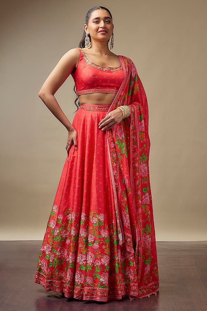 Tomato Red Raw Silk Printed & Embroidered Wedding Lehenga Set by Vidhi By A La Mode at Pernia's Pop Up Shop