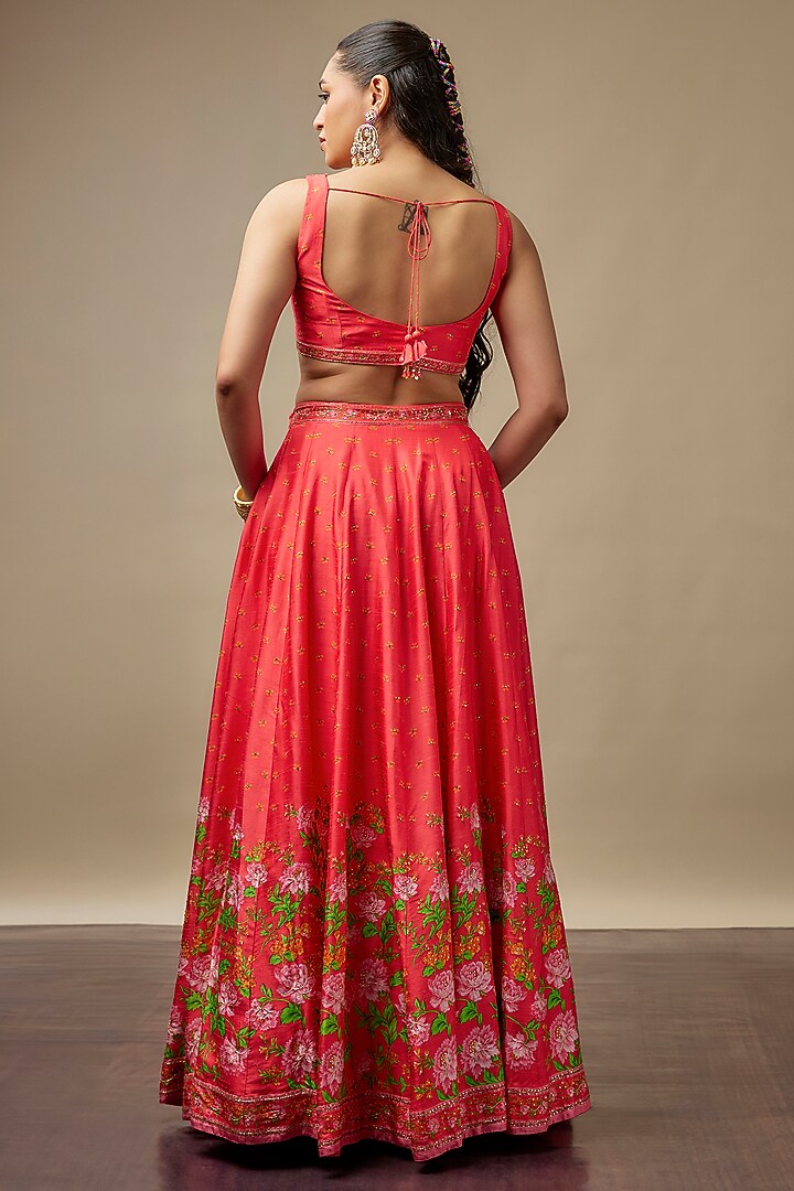 Tomato Red Raw Silk Printed & Embroidered Wedding Lehenga Set by Vidhi By A La Mode at Pernia's Pop Up Shop