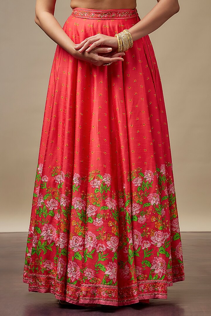 Tomato Red Raw Silk Printed & Embroidered Wedding Lehenga Set by Vidhi By A La Mode at Pernia's Pop Up Shop