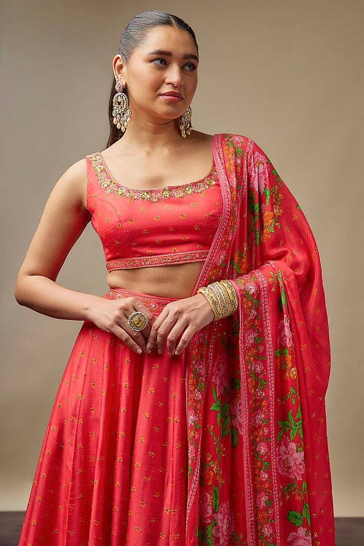 Tomato Red Raw Silk Printed & Embroidered Wedding Lehenga Set by Vidhi By A La Mode at Pernia's Pop Up Shop