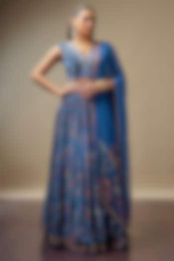 Dusty Blue Raw Silk Printed & Embroidered Wedding Lehenga Set by Vidhi By A La Mode at Pernia's Pop Up Shop