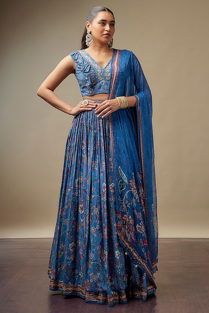 Dusty Blue Raw Silk Printed & Embroidered Wedding Lehenga Set by Vidhi By A La Mode at Pernia's Pop Up Shop