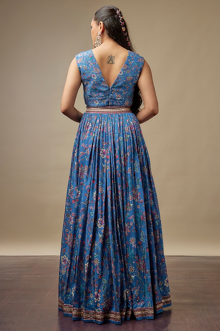 Dusty Blue Raw Silk Printed & Embroidered Wedding Lehenga Set by Vidhi By A La Mode at Pernia's Pop Up Shop