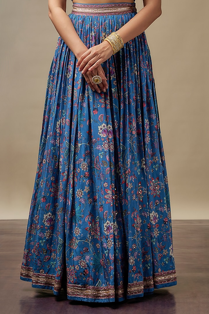 Dusty Blue Raw Silk Printed & Embroidered Wedding Lehenga Set by Vidhi By A La Mode at Pernia's Pop Up Shop